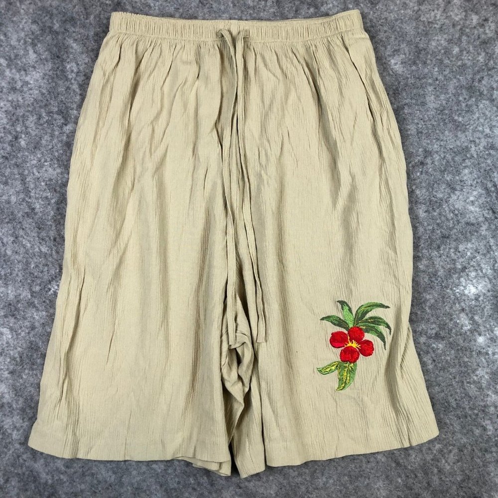 Vintage High Rise Shorts 12 Boho Crinkle Gauze Floral Embroidered Pull On Flowy